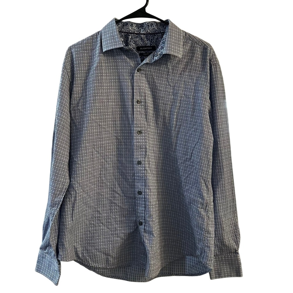 Bugatchi Shaped Fit‎ Button-Down Shirt Men's Large Blue Geometric Tile Cotton